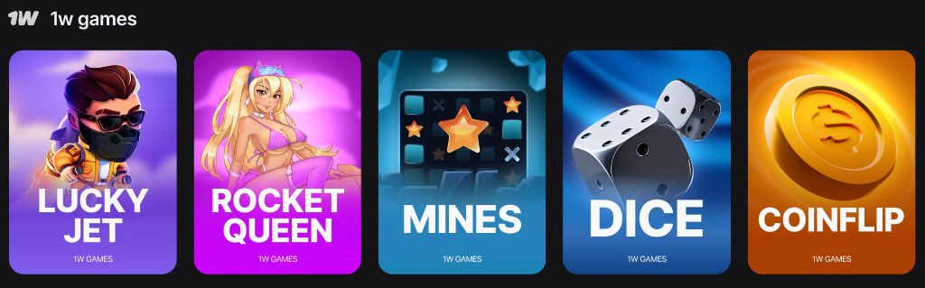 Раздел 1w games в мобильном клиенте — Lucky Jet, Rocket Queen, Mines, Dice, Coinflip